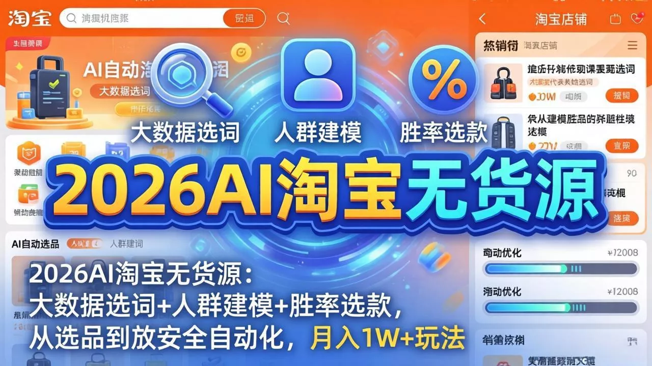 2026AI淘宝无货源:大数据选词+人群建模+胜率选款,从选品到放大全自动化,月入1W+玩法 2026AI淘宝无货源:大数据选词+人群建模+胜率选款,从选品到放大全自动化,月入1W+玩法
