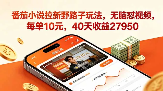 番茄小说拉新野路子玩法，无脑怼视频，每单10元，40天收益27950 - 项目资源网
