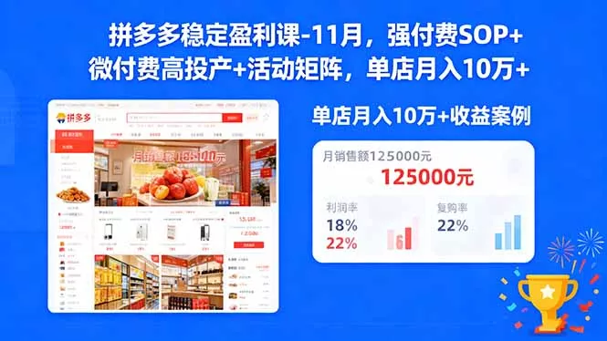 拼多多稳定盈利课-11月，强付费SOP+微付费高投产+活动矩阵，单店月入10w+ - 项目资源网
