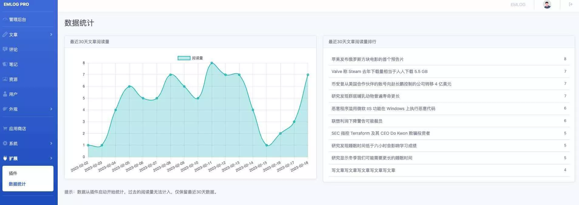 Emlog 数据统计插件 - 项目资源网